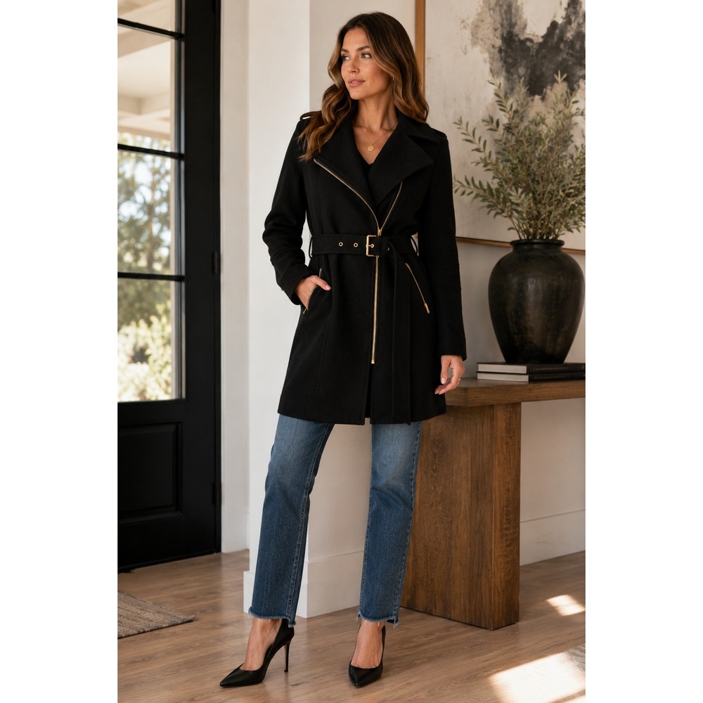 Michael Michael Kors Womens Black Wool Blend Belted Moto Coat Size 2